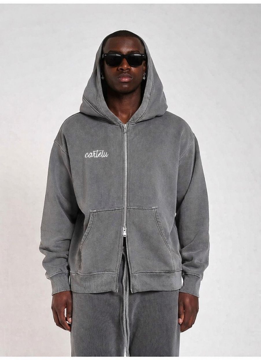 Sudadera Zip Hoodie 600 GSM “Con Love” Washed Grey UNISEX